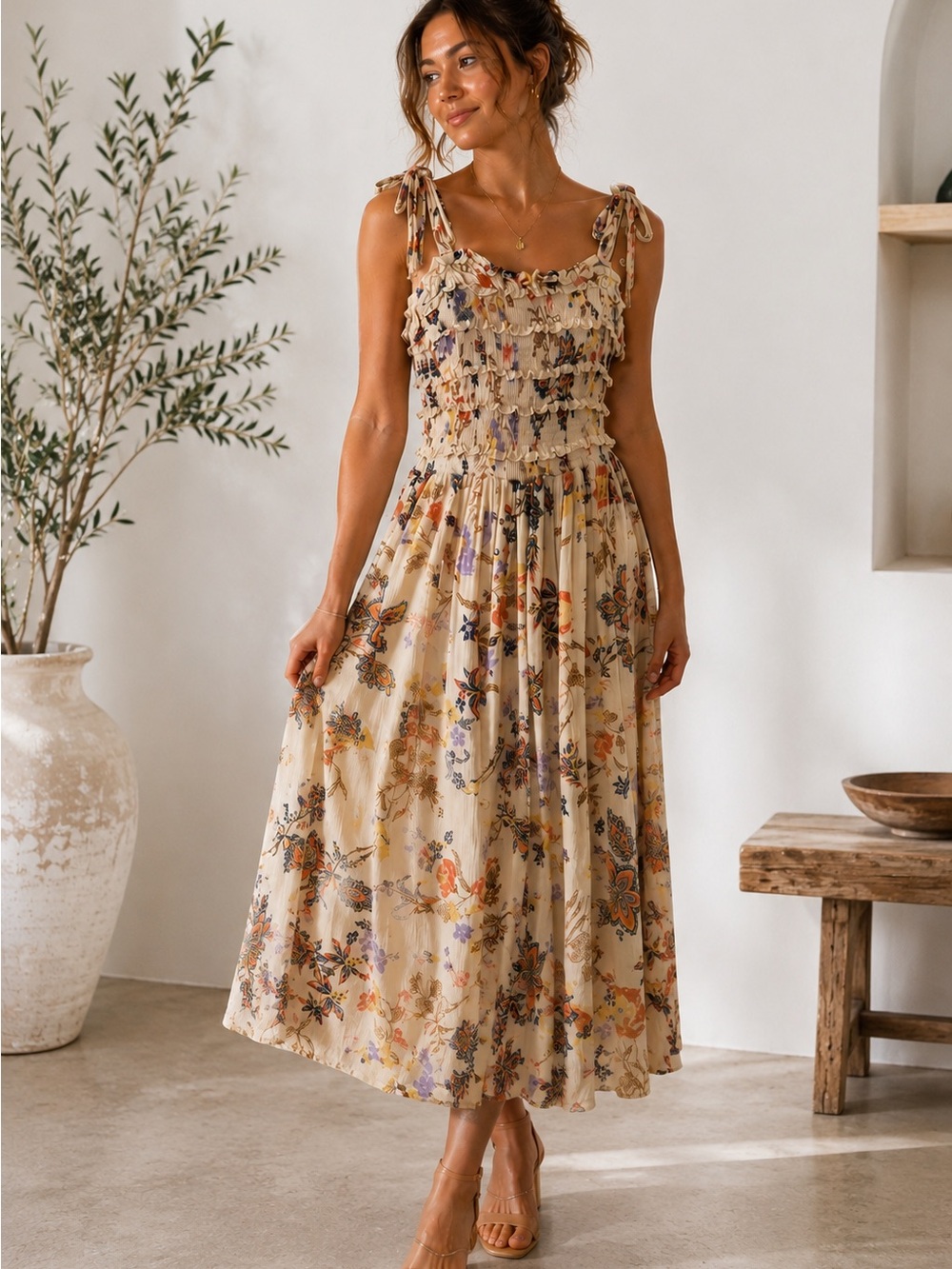Floral Tie-Shoulder Smocked Midi Dress - Cream